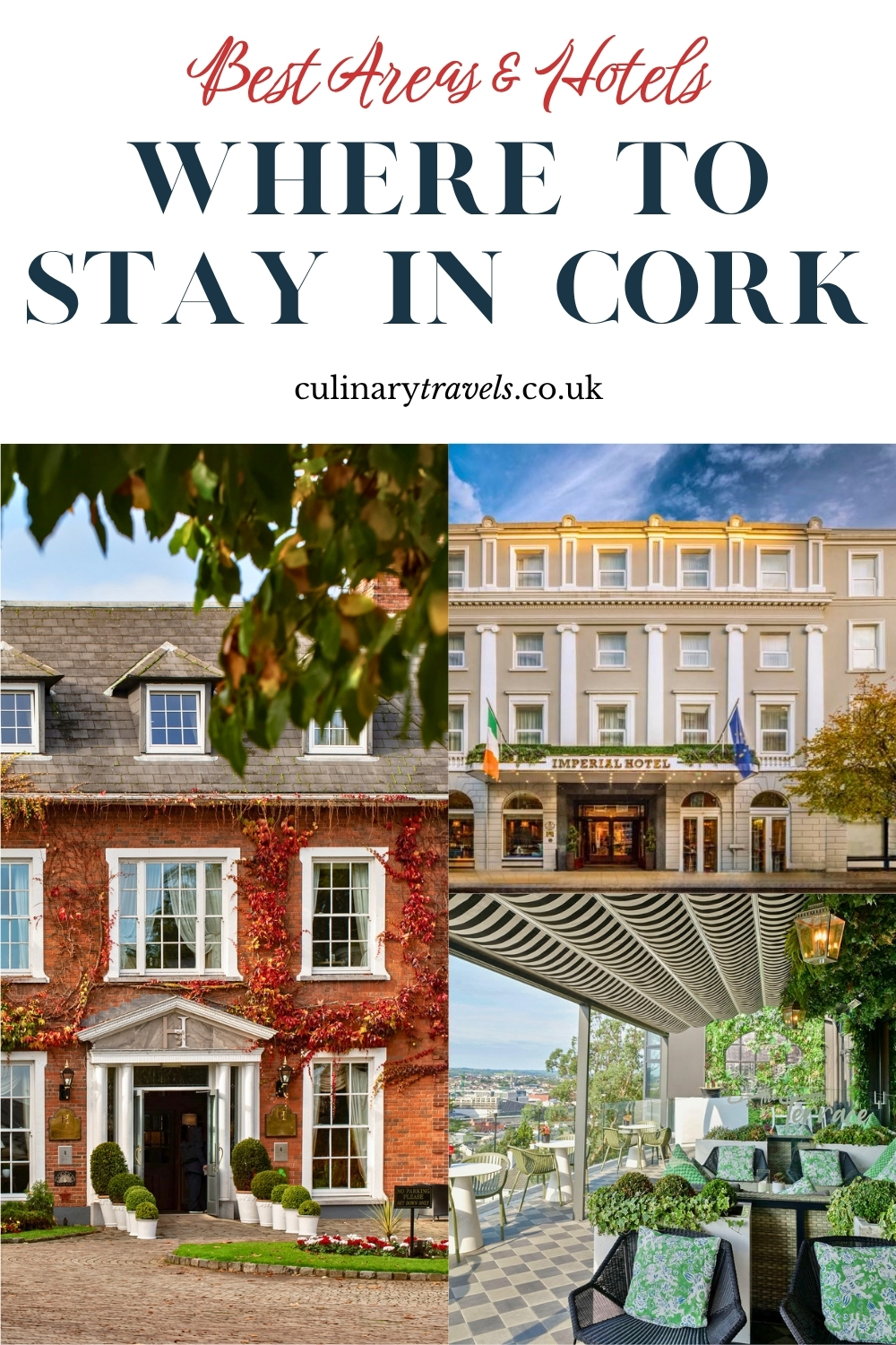 Pinterest pin collage showing Cork hotels and terrace views with overlay text reading Where to Stay in Cork, Best Areas and Hotels